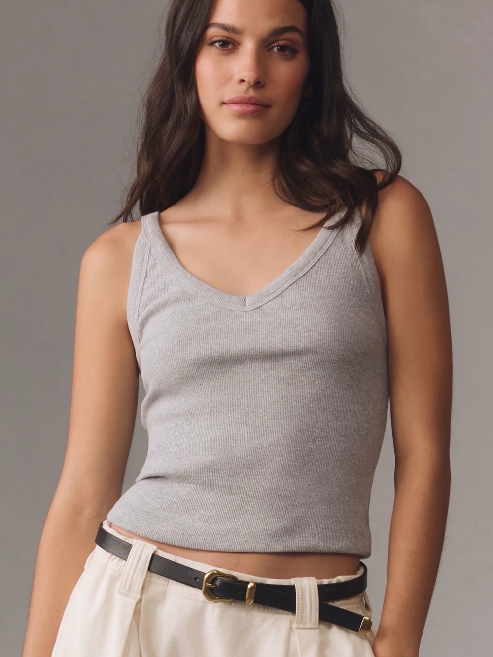 Pilcro Scooped V-Neck Ribbed Tank - Light Gray
